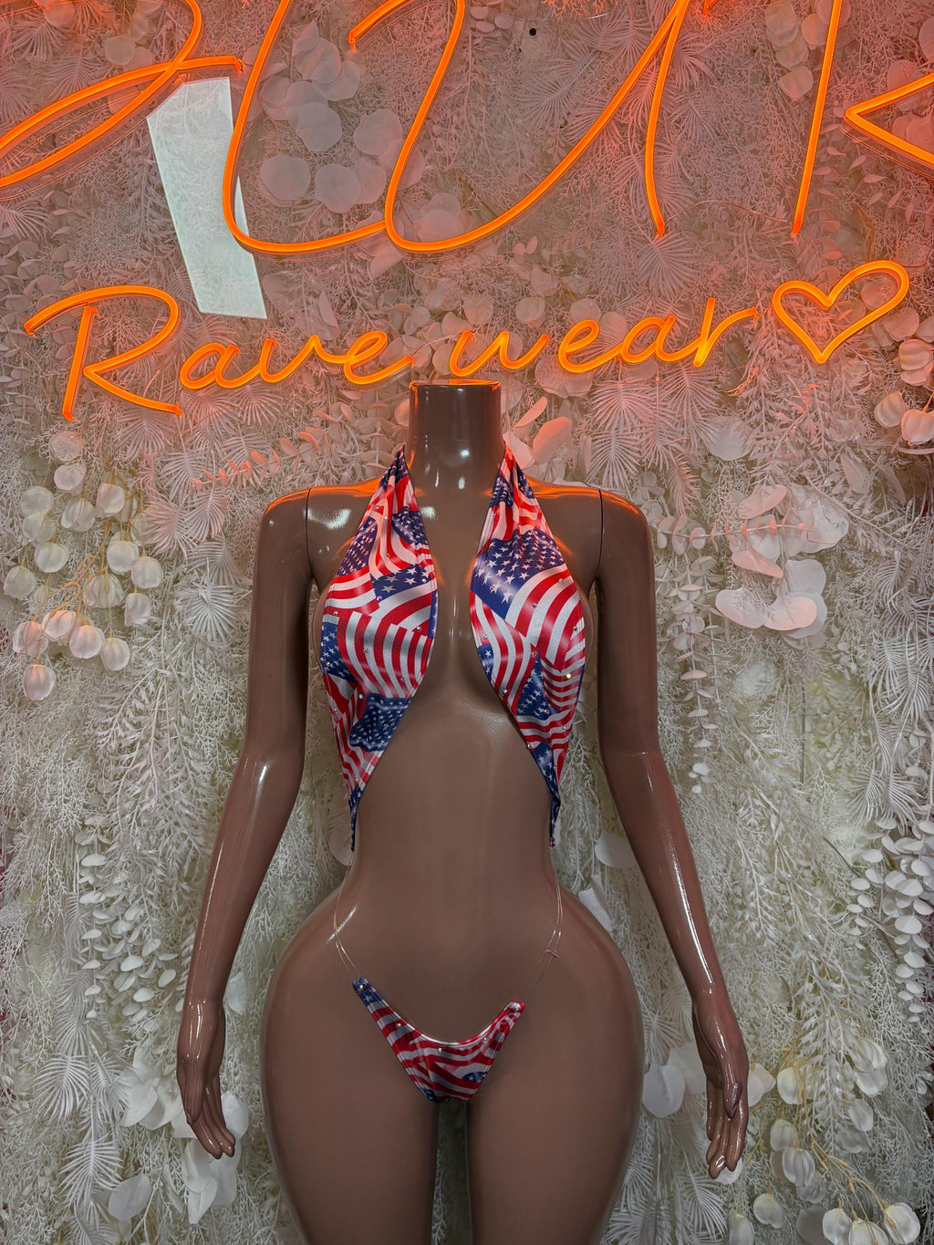 Star-and-stripe triangle bikini set with matching string bottoms, red/blue/white