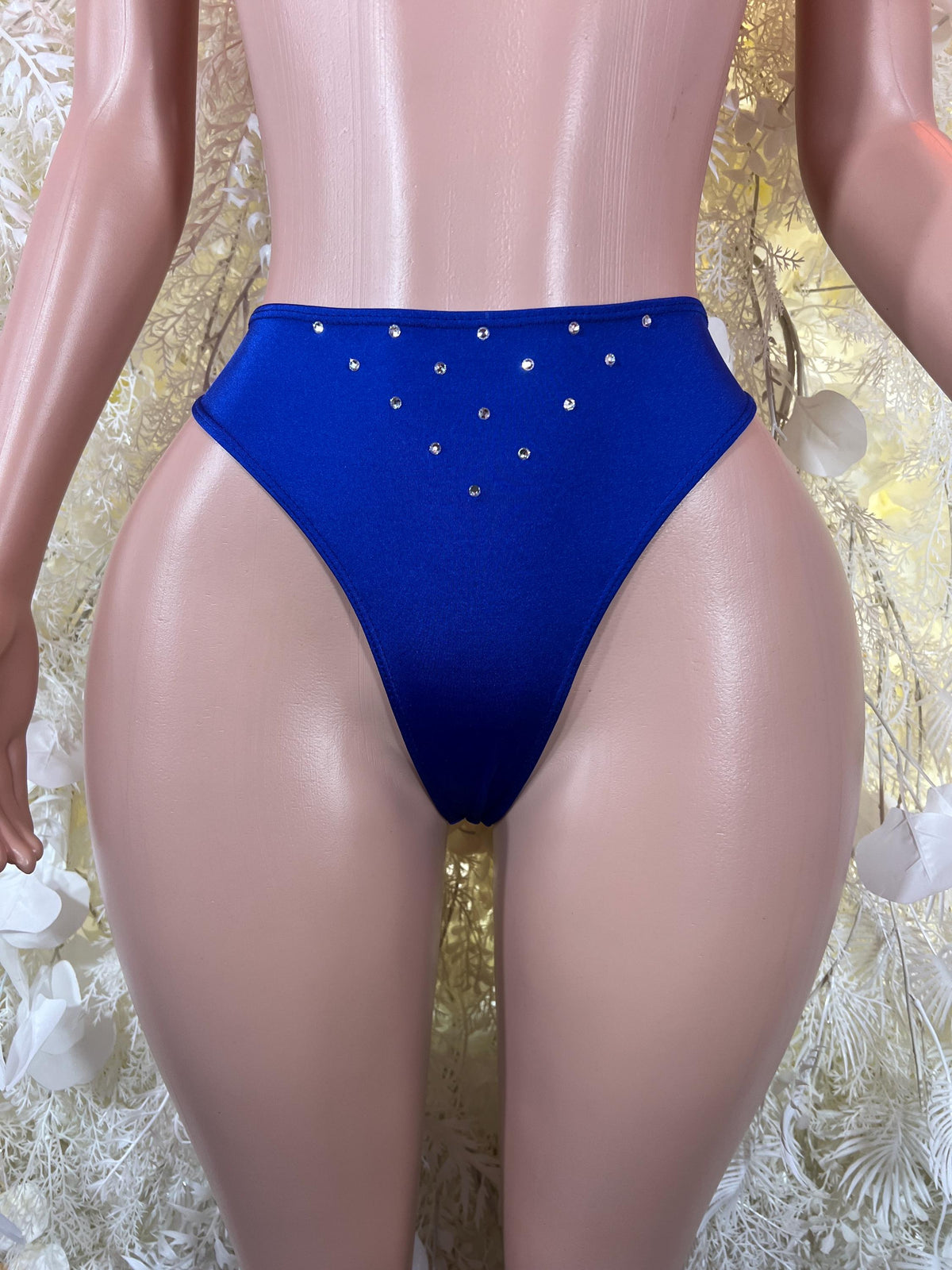Women’s blue high-cut underwear shorts with small rhinestone trim on the front