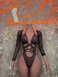 Bottlegirl heart mesh bodysuit in black with lace-up front and long sheer sleeves