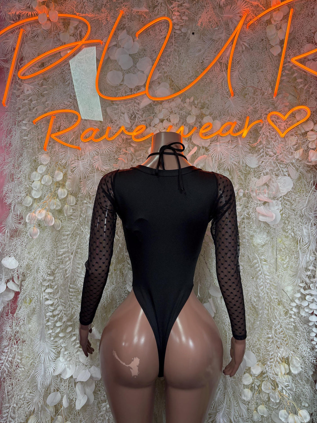 Black heart-pattern mesh bodysuit, backless with tie straps and long sleeves
