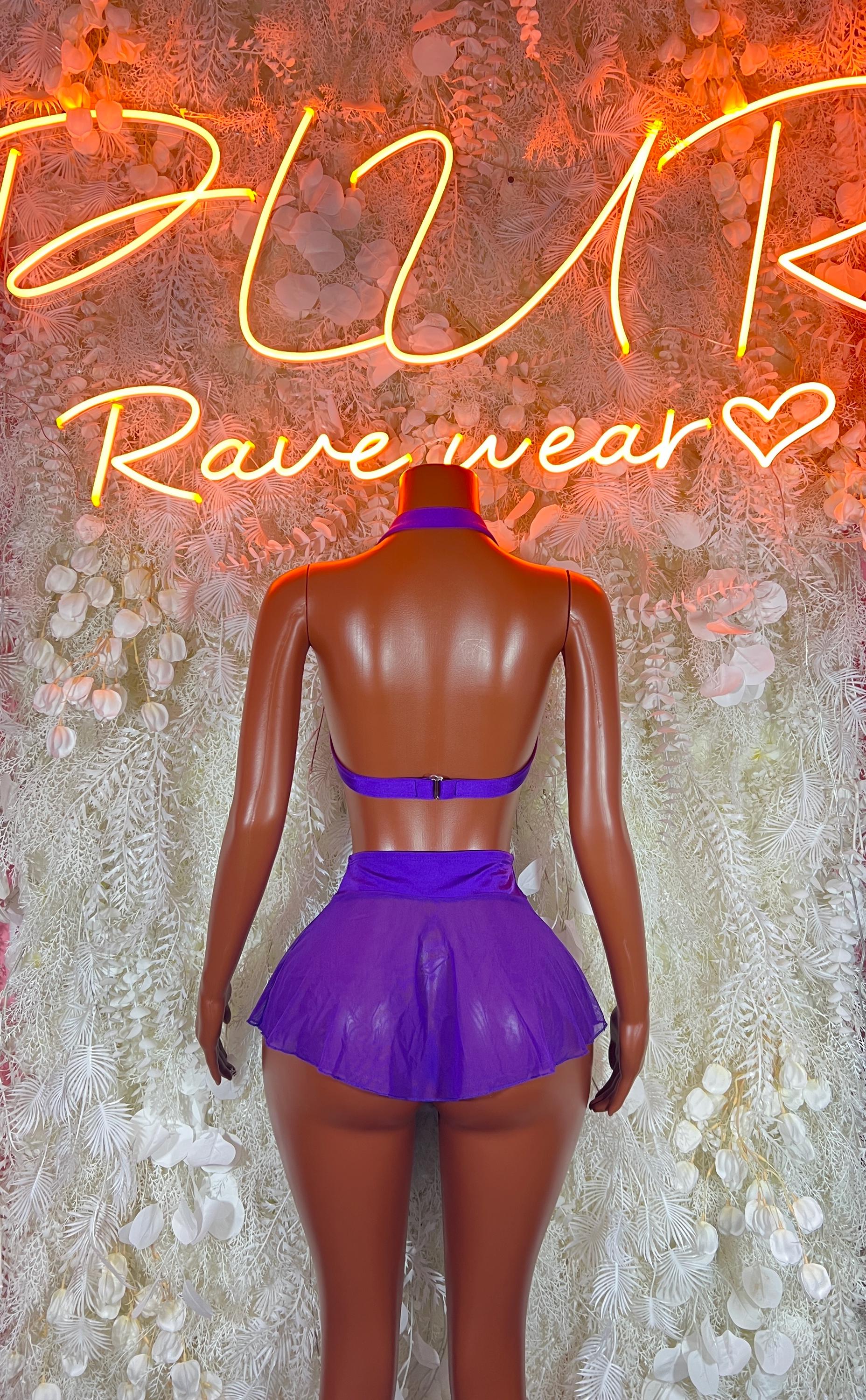 Purple two-piece rave outfit with bandeau top and pleated mini skirt, back view