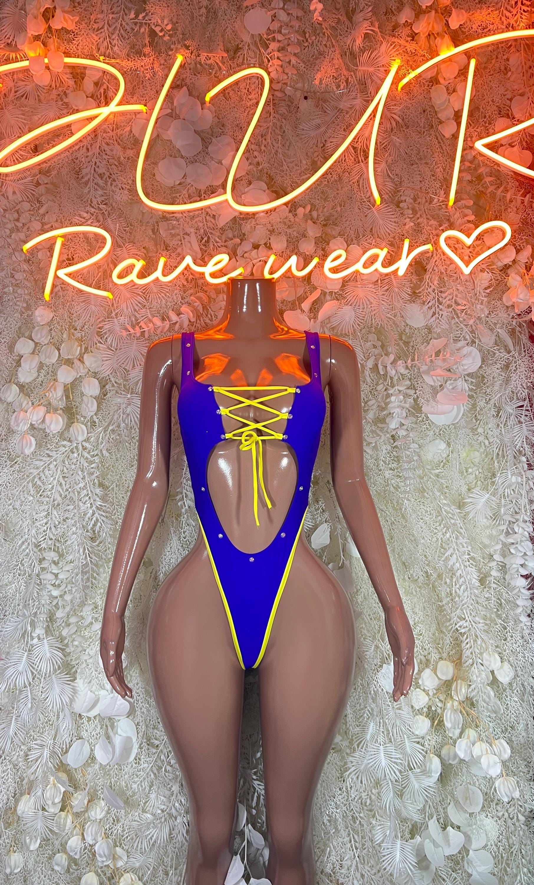 Purple and gold mesh lace-up dance bodysuit with cutout chest, thong front