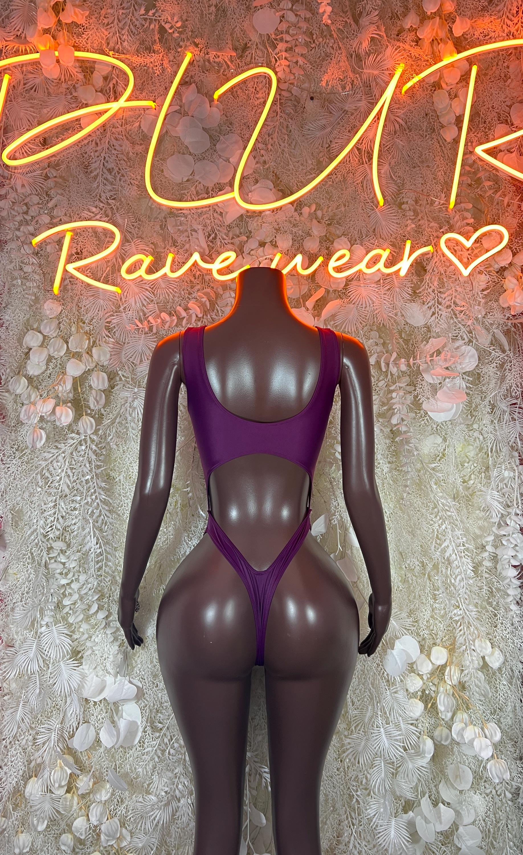 Purple long-sleeve festival bodysuit, open back with crisscross straps