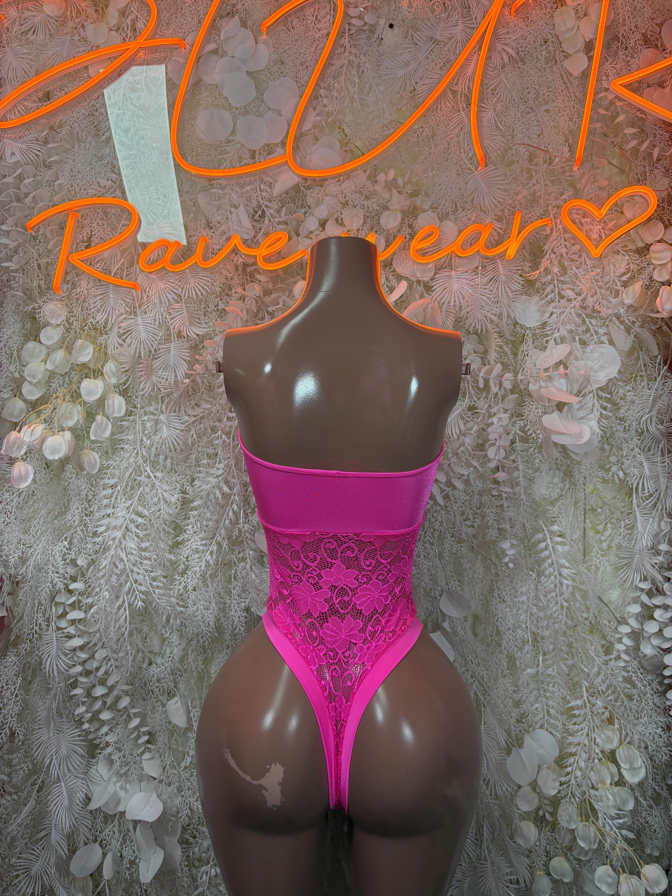 Hot pink lace bodysuit back view with lace panel and high-leg cut