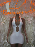 White halter mini dress with oval keyhole cutout at chest and halter neck