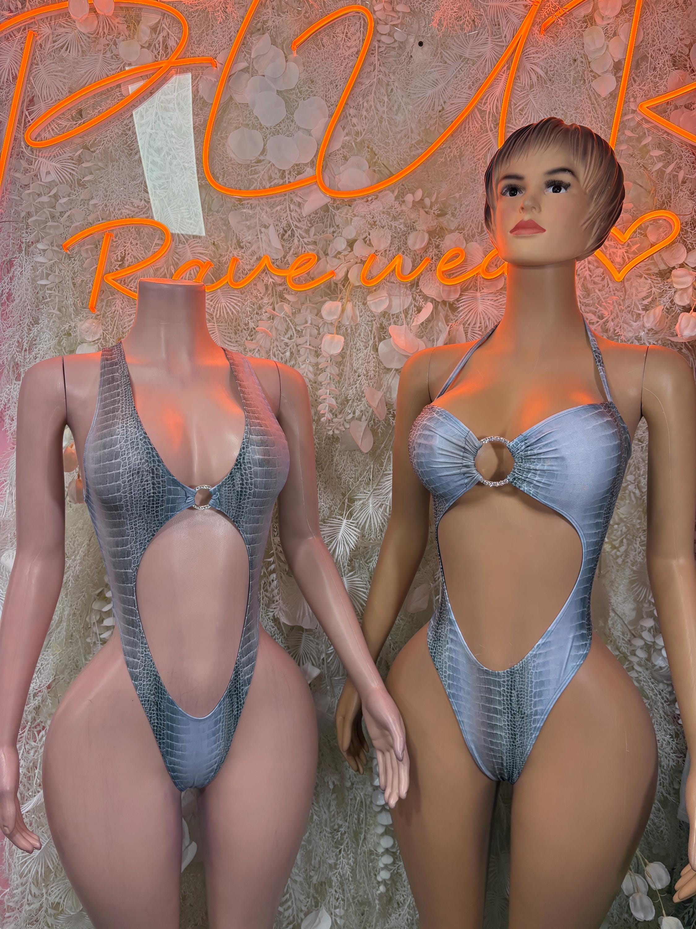 Snake print one-piece dancewear with halter neckline, bow-tie detail at bust, teal blue