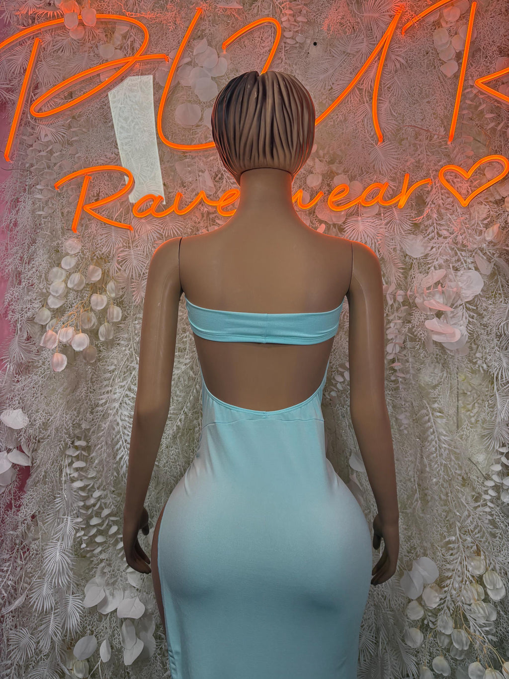 Teal halter mini dress, open back cutout and gathered waist, bodycon fit