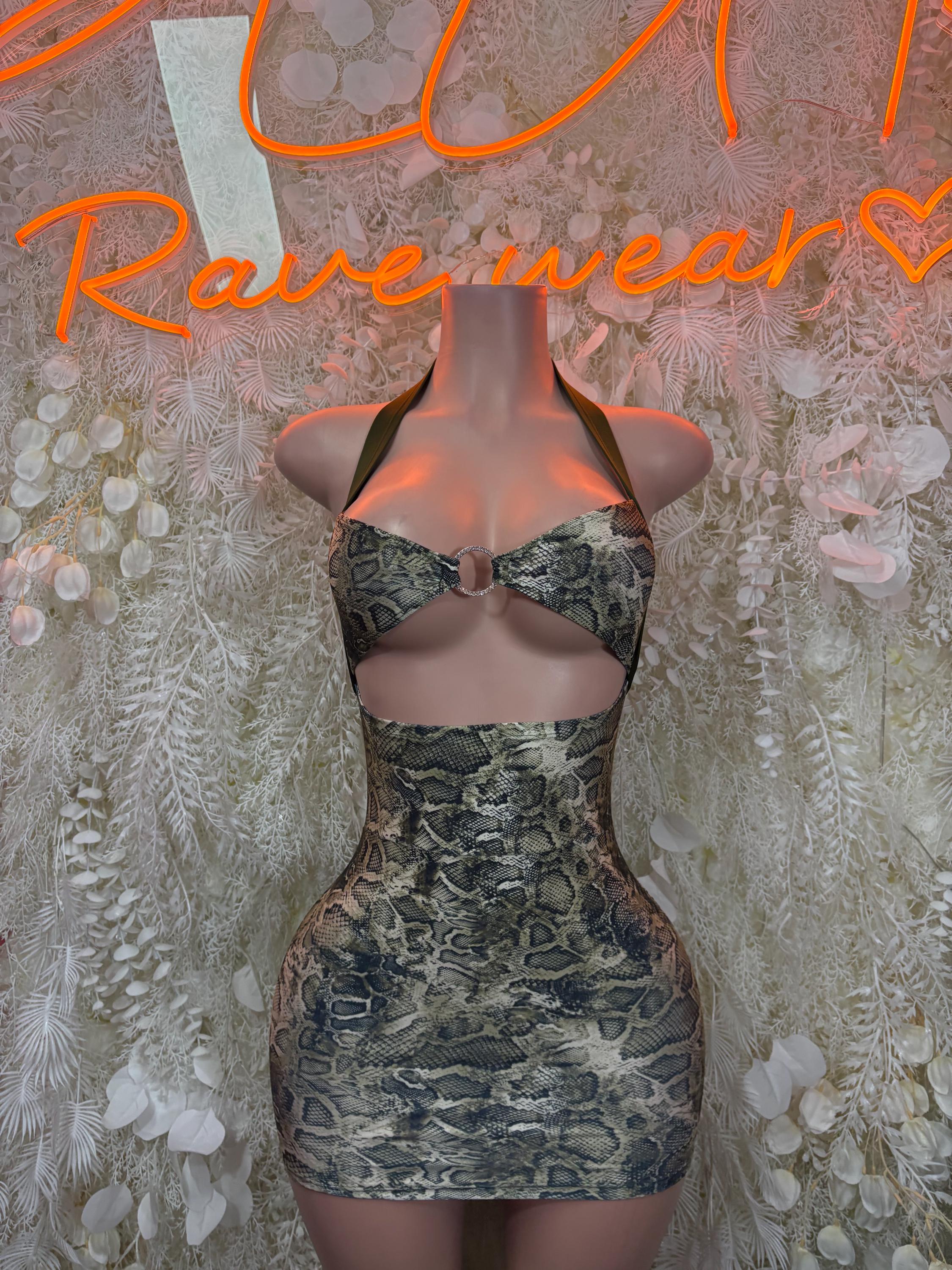 Snake print mini dress with underbust bustier bodice, green and black, mini length