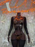Black dragon-print long-sleeve bodysuit with lace-up front cutouts