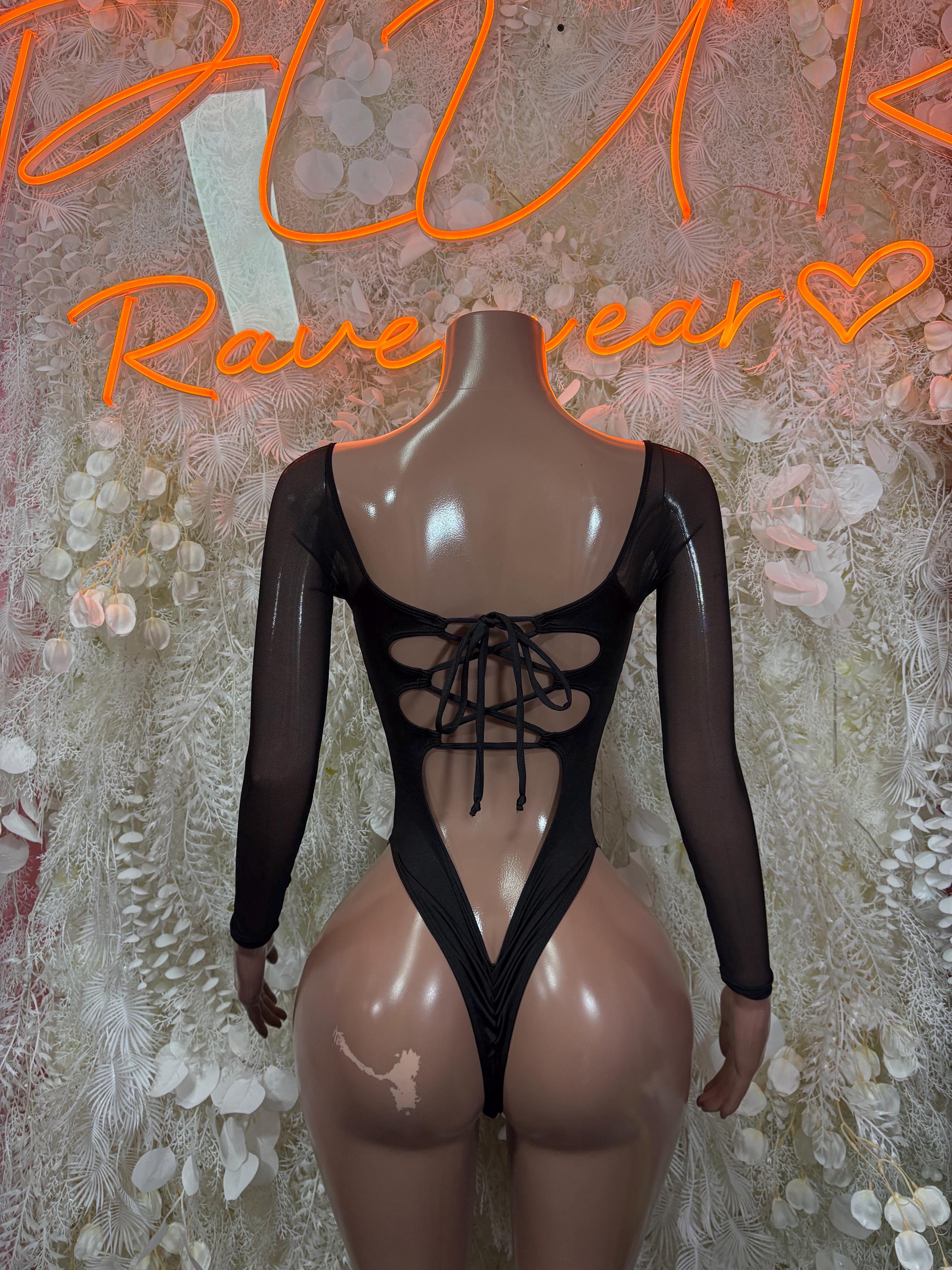 Camo print bodysuit with lace-up back, black mesh sleeves, V-cut front