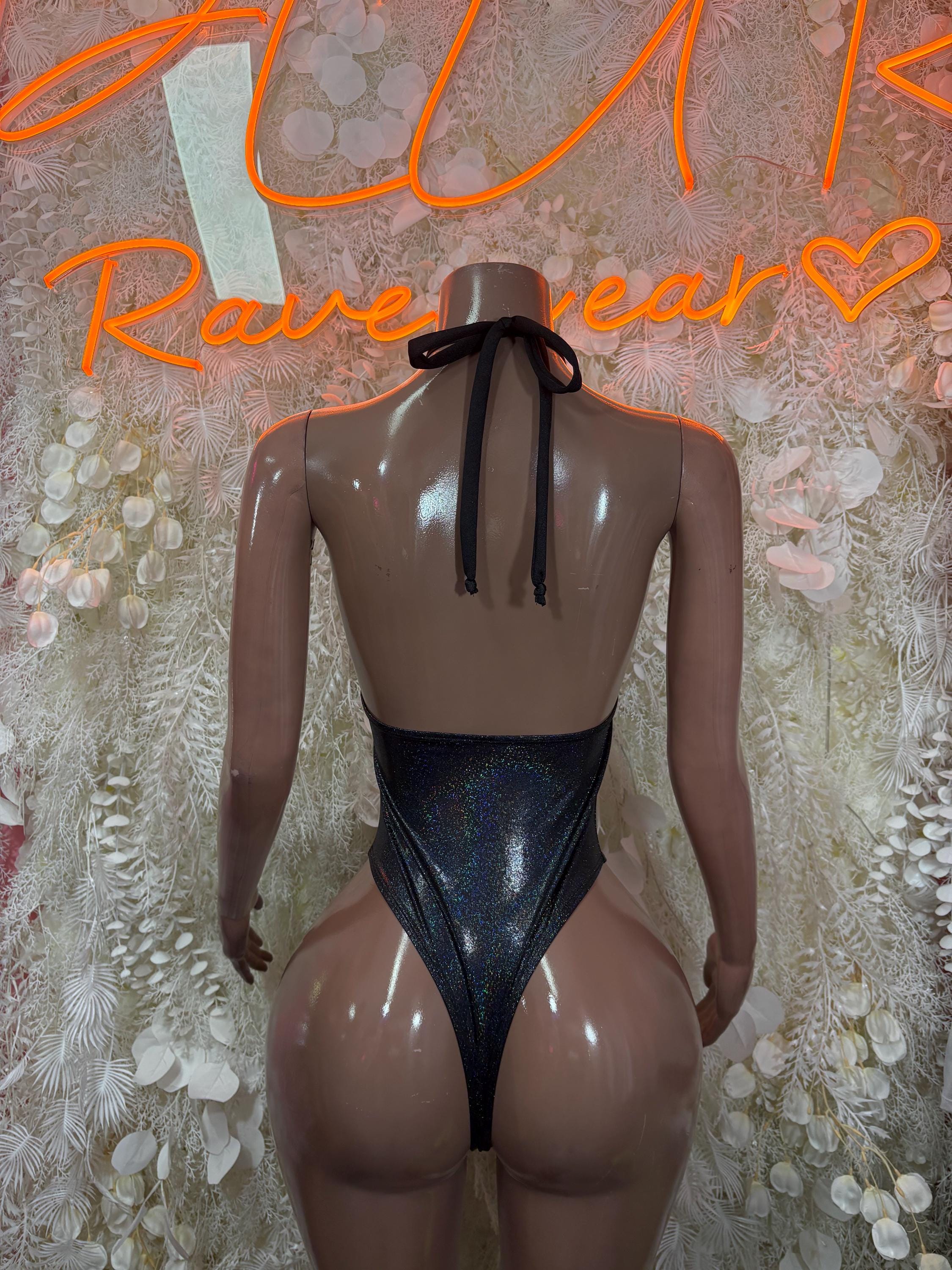 Black metallic bodysuit with back tie straps and high-leg cut