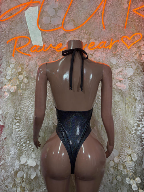 Black metallic bodysuit with back tie straps and high-leg cut