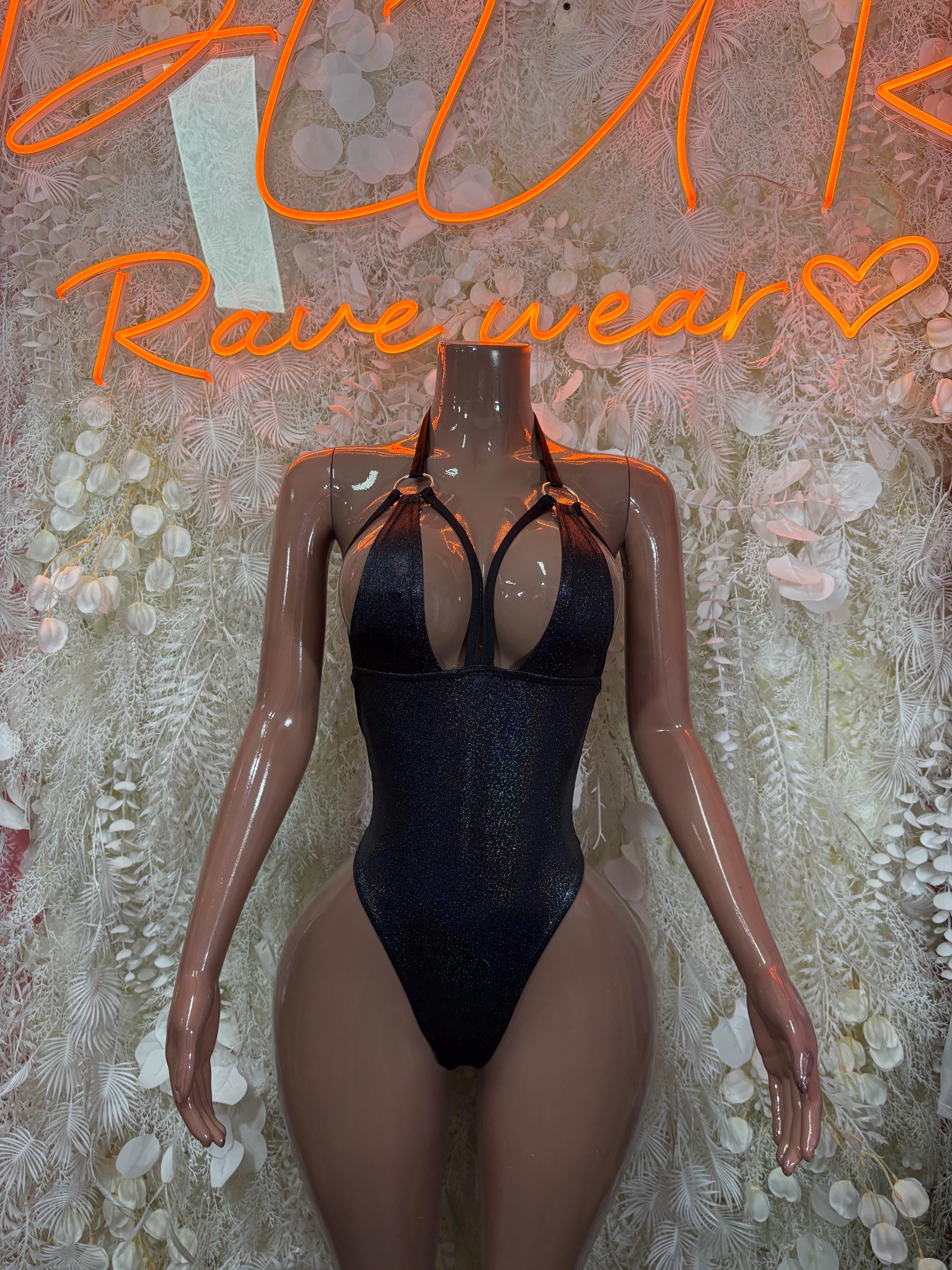 Black metallic halter bodysuit with plunging neckline and high-leg cutout front