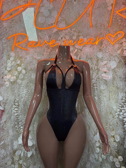 Black metallic halter bodysuit with plunging neckline and high-leg cutout front
