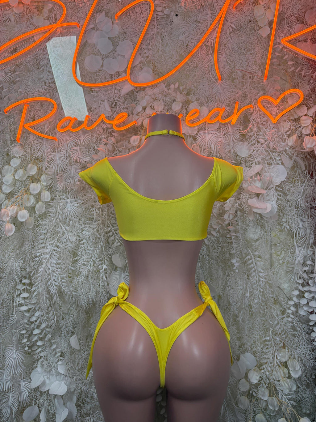 Yellow backless ruched cropped top with tie-side high-cut bottoms