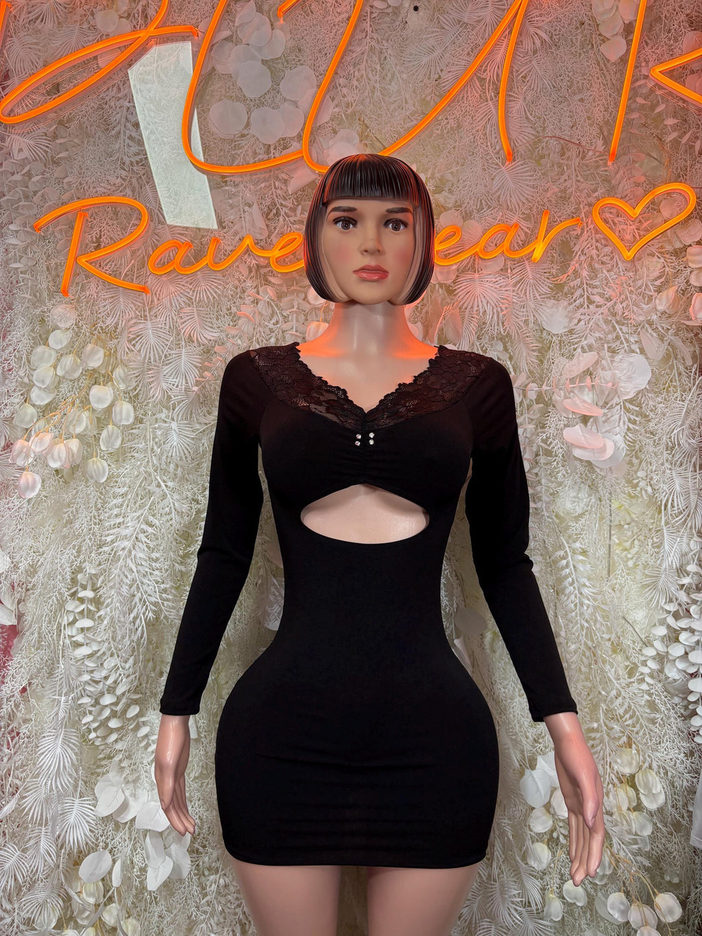 Black bodycon dance dress with lace neckline, long sleeves, front cutout waist