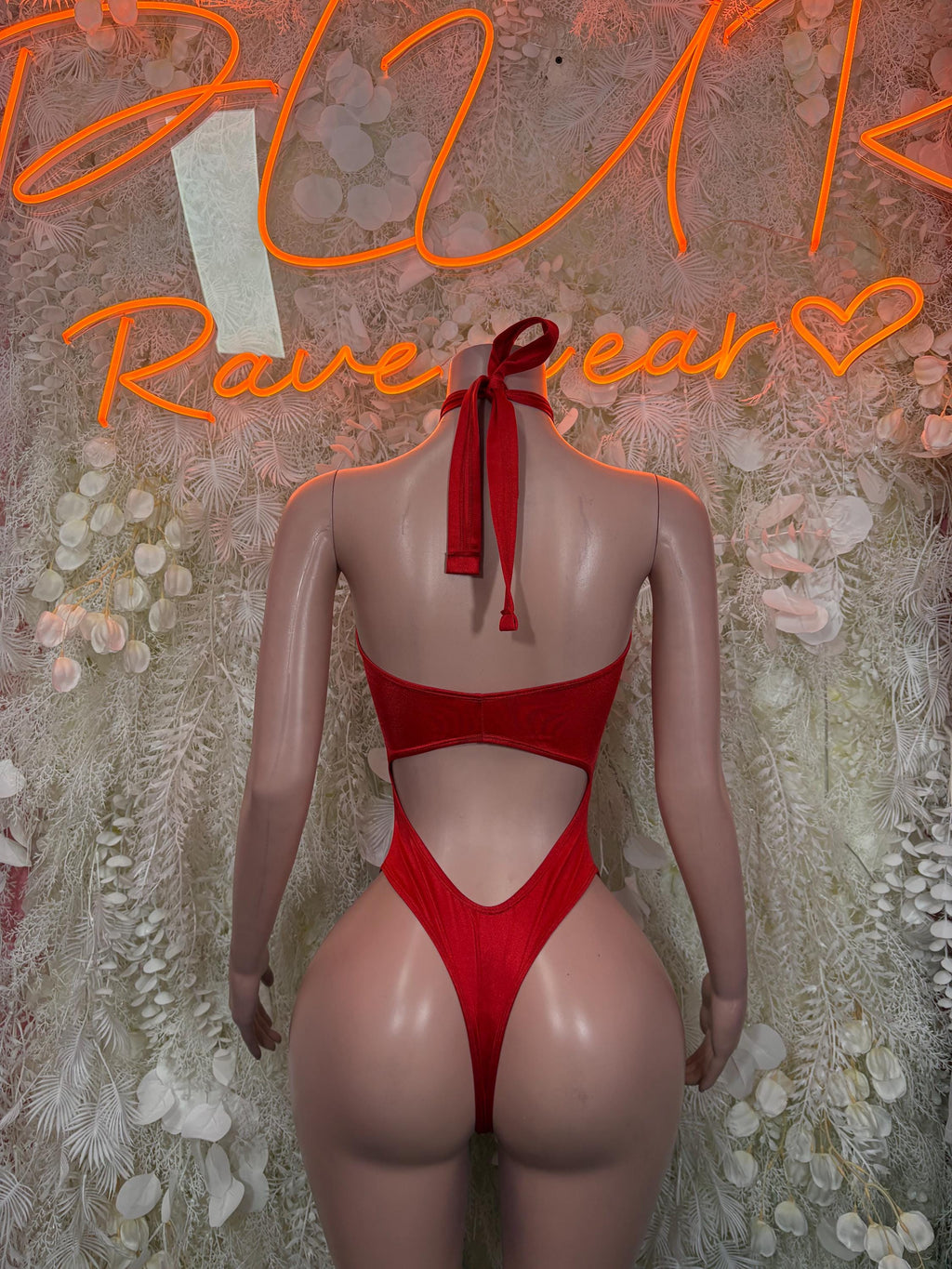 Red backless bodysuit with neck tie bow detail
