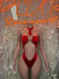 Red halter bodysuit with keyhole neckline and ring detail