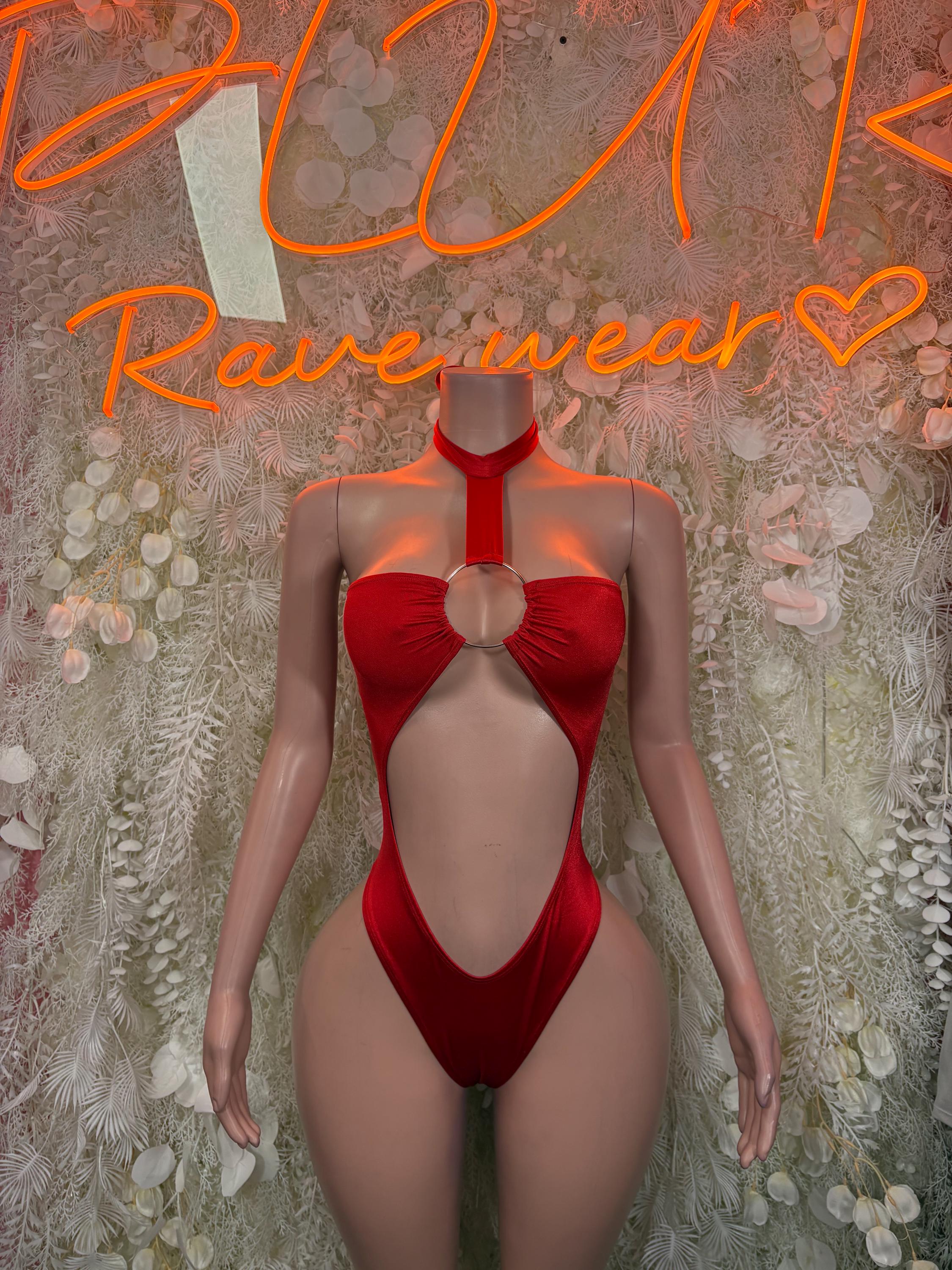 Red halter bodysuit with keyhole neckline and ring detail