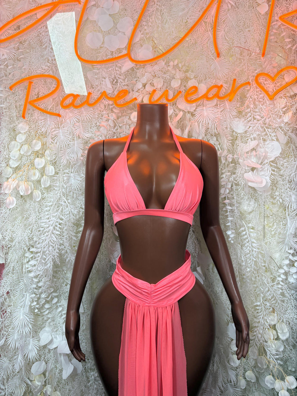 Coral halter two-piece gown with draped waist detail and matching skirt