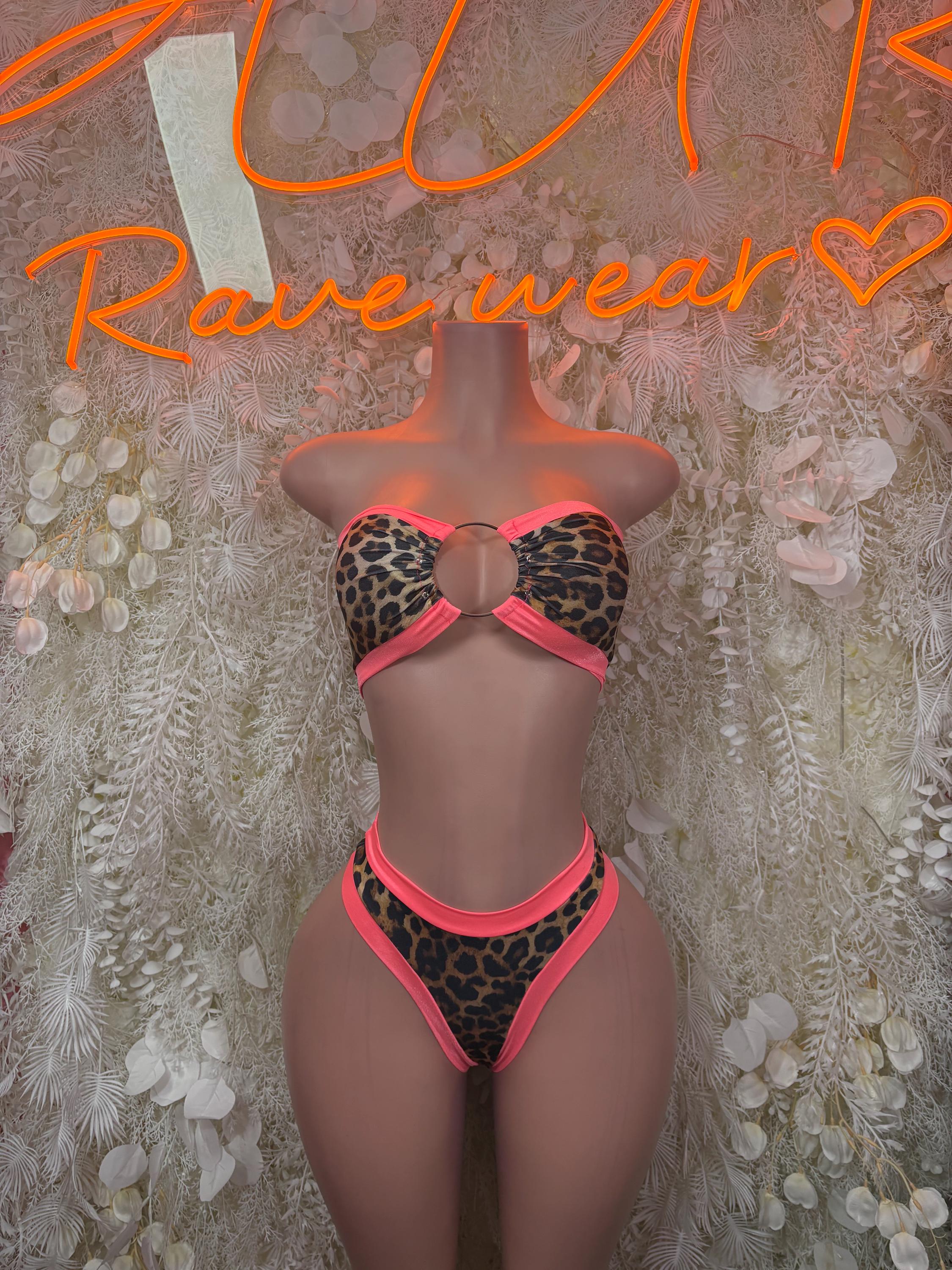 Coral leopard-print bodysuit with halter ring bra and high-cut thong bottoms
