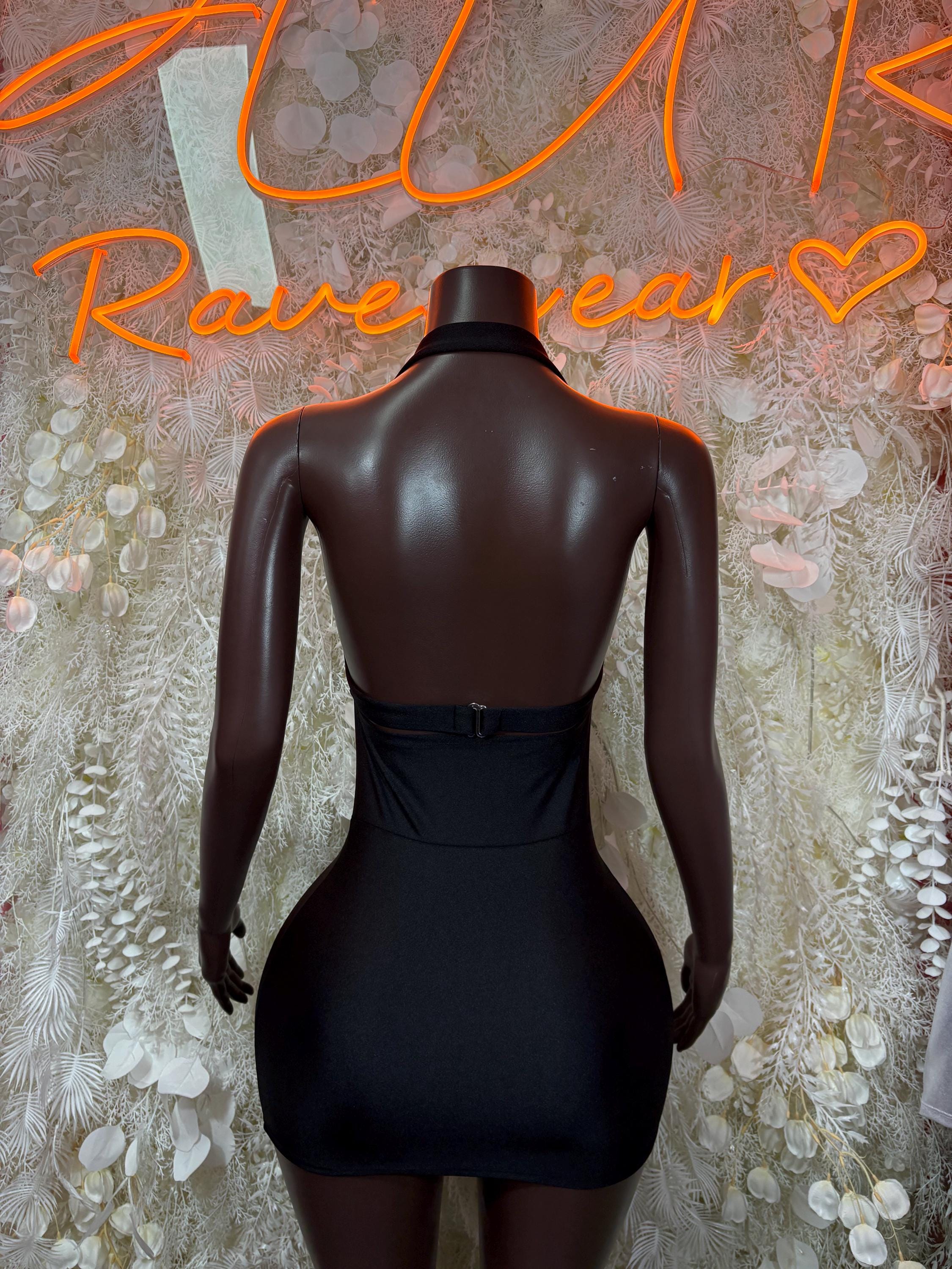 Women's black strapless midi dress, back view with smooth fitted skirt