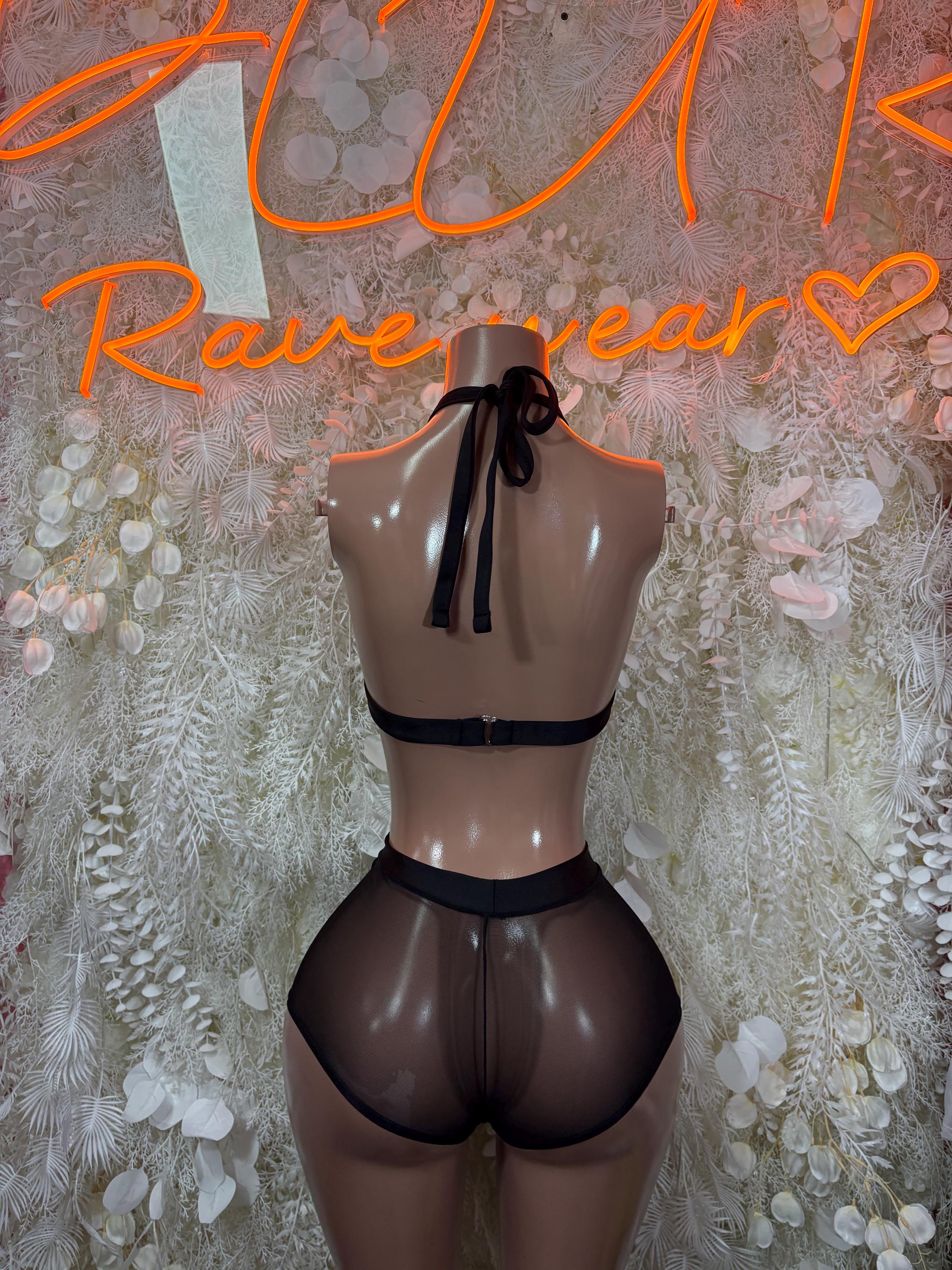 Black mesh two-piece dancewear set with back tie halter bra and high-rise briefs