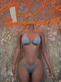 Blue bikini two-piece set with triangle bra and cheeky bottoms, tie straps