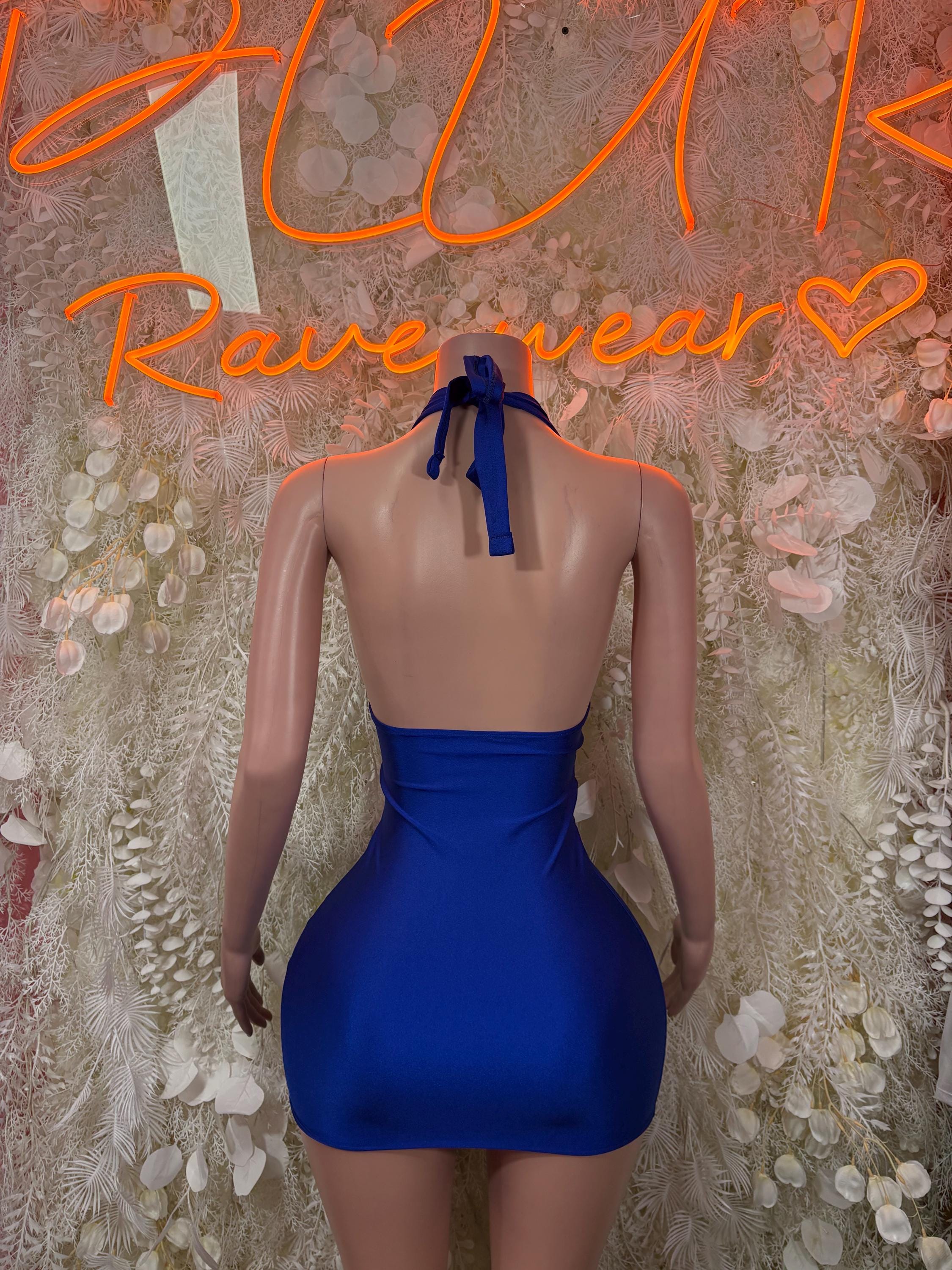 Blue halter mini dress, open back with bow tie and deep back cutout