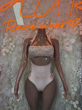 Nude lace bodysuit with high neckline and front cutout mesh panel, thong bottom