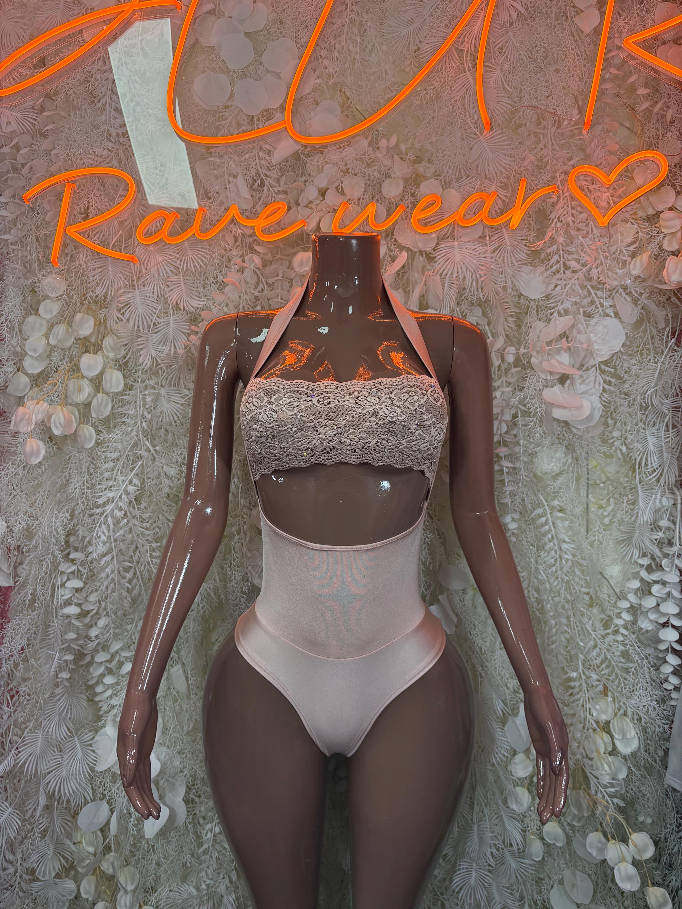 Nude lace bodysuit with high neckline and front cutout mesh panel, thong bottom