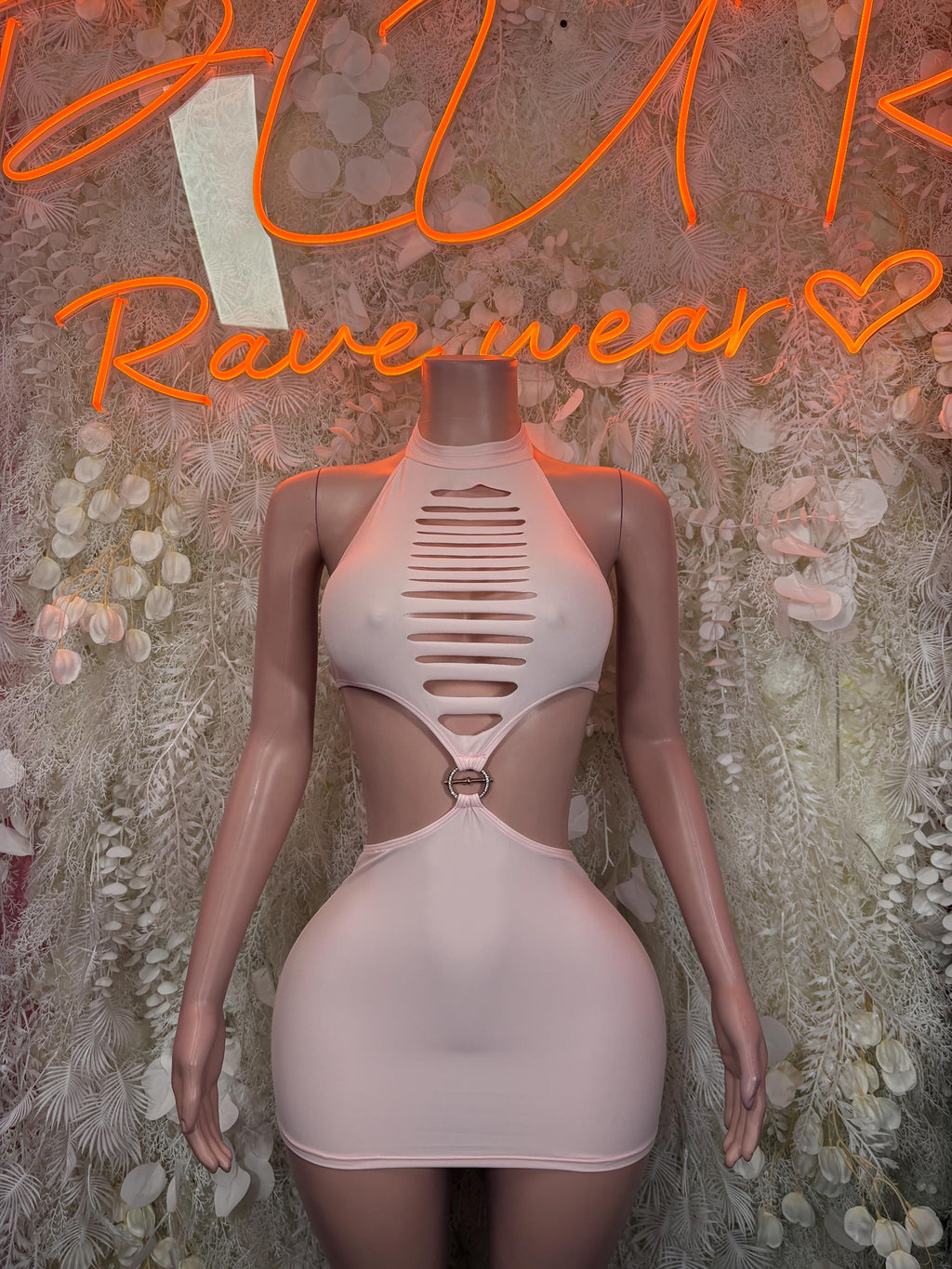 Nude halter one-piece dress with chest cutout and horizontal slits, mini length