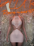 Nude halter one-piece dress with chest cutout and horizontal slits, mini length