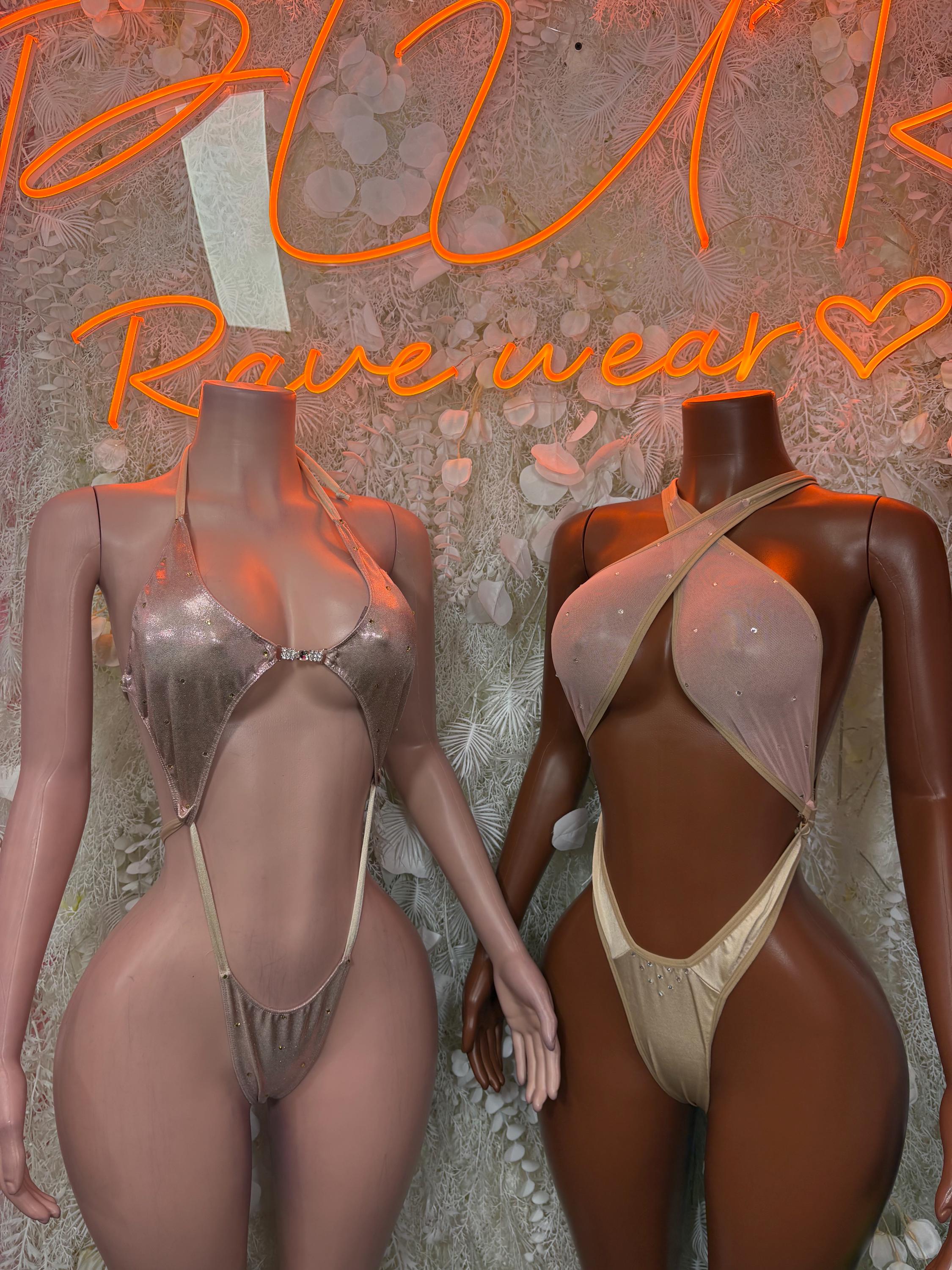 Nude glitter dance bodysuits shown from front and back with crisscross straps