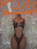 Cherry print one-piece bodysuit with scoop neckline and cheeky cut, black base