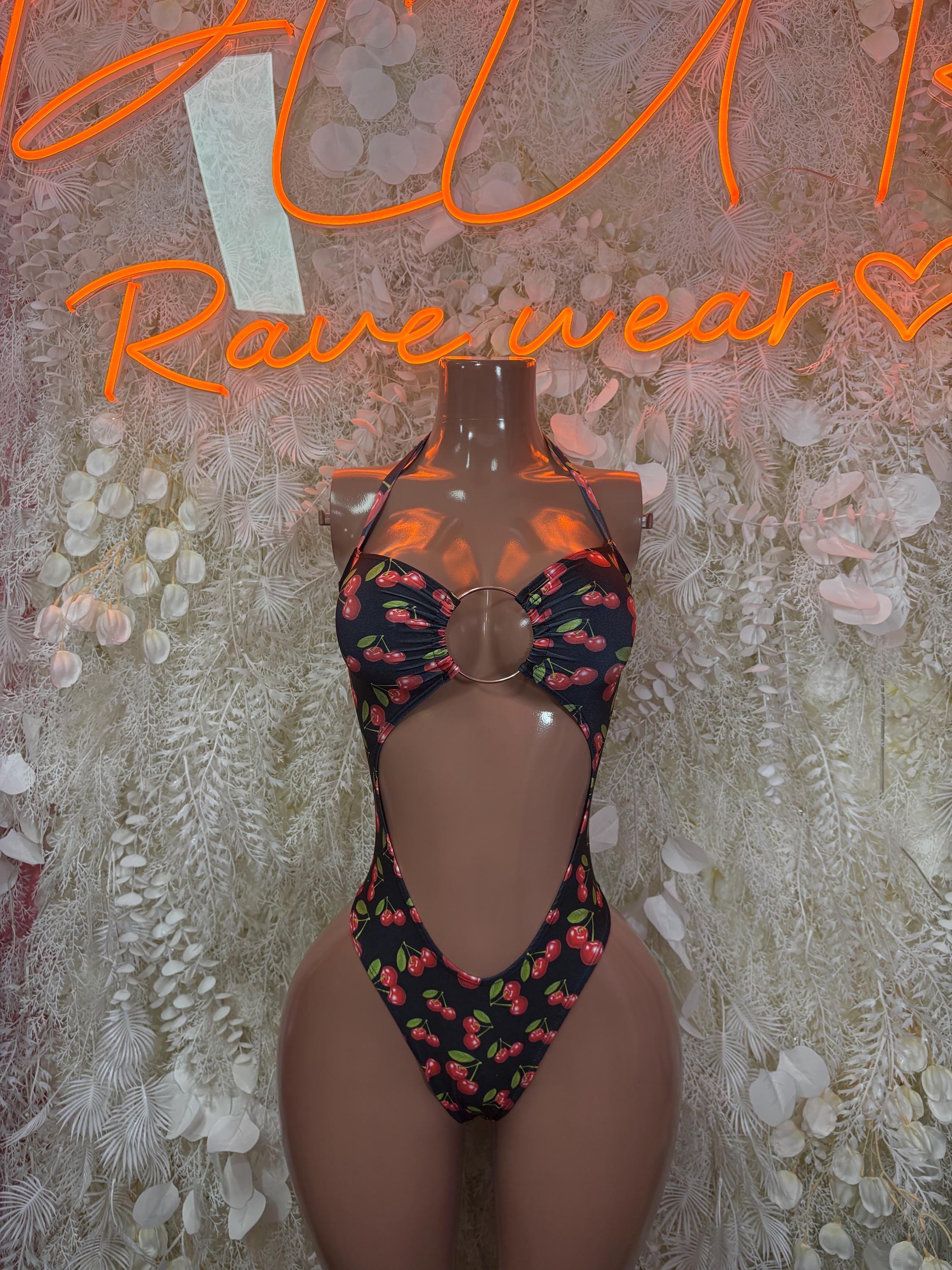 Cherry print one-piece bodysuit with scoop neckline and cheeky cut, black base