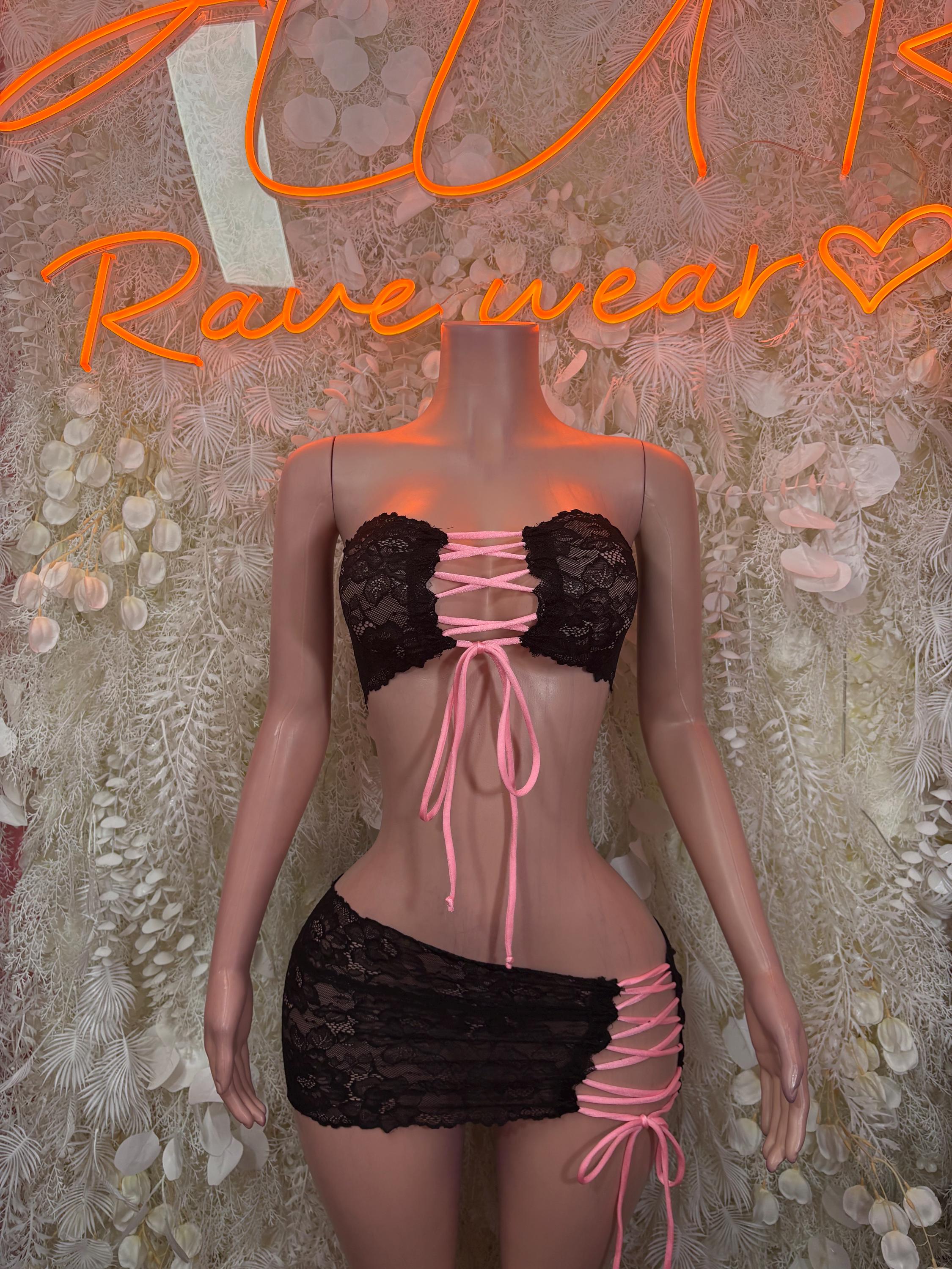 Black lace mini dress with underwire bra, ribbon ties, and matching lace skirt