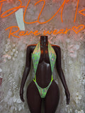 Green metallic rave bodysuit with neon green trim and halter neckline front view