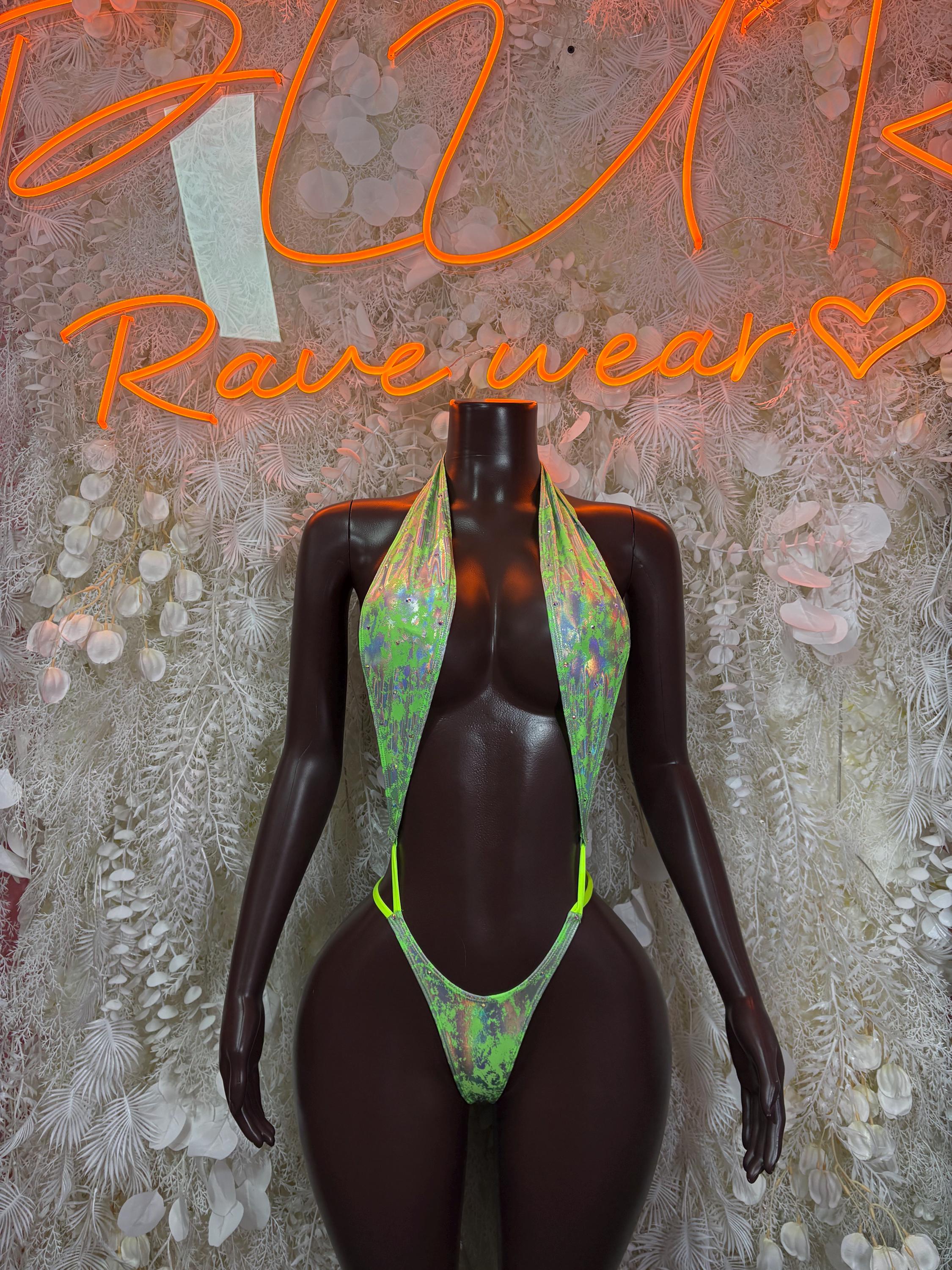 Green metallic rave bodysuit with neon green trim and halter neckline front view