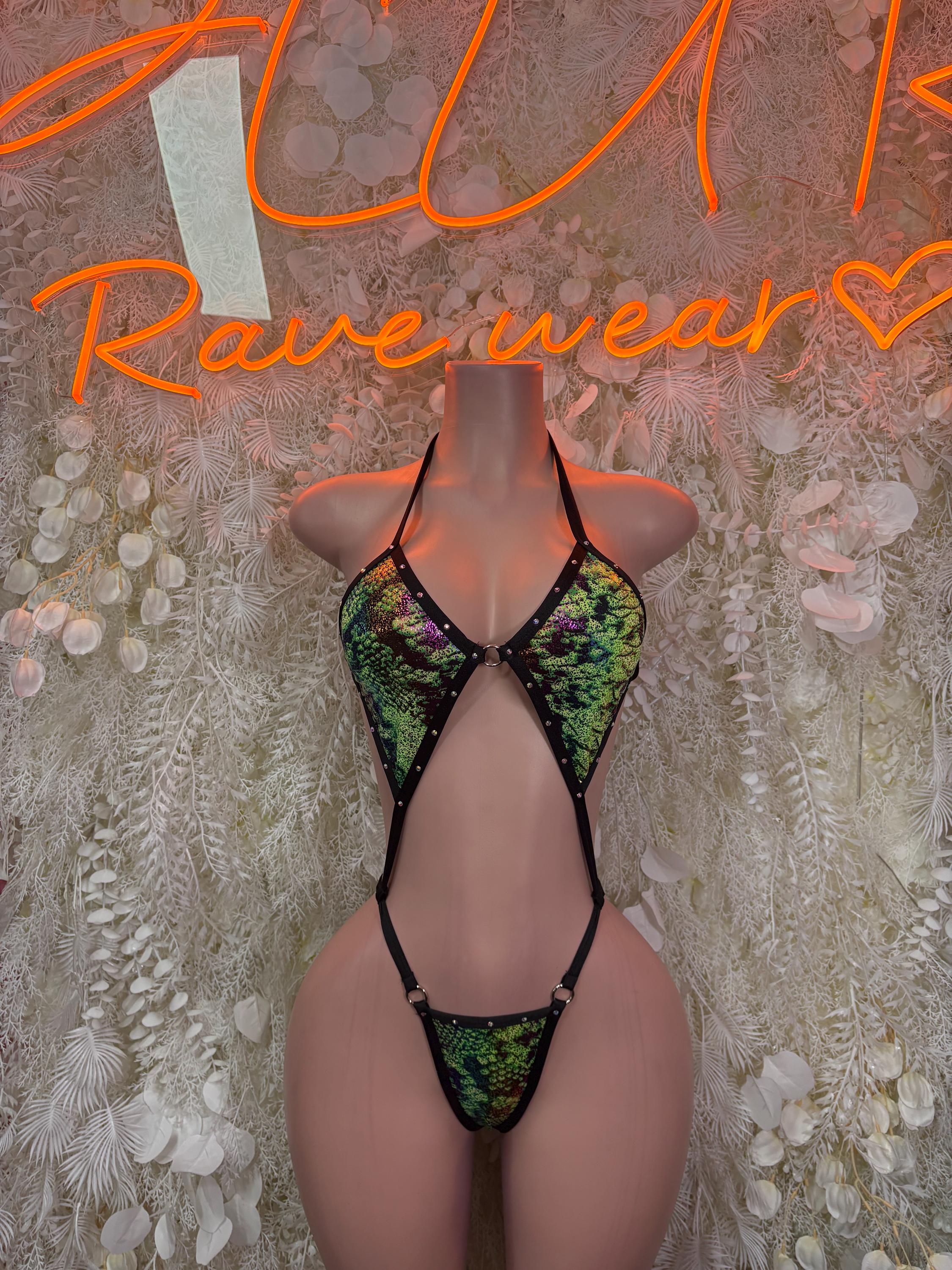 Snake-print slingshot swimsuit, green and black with triangle front and tie straps