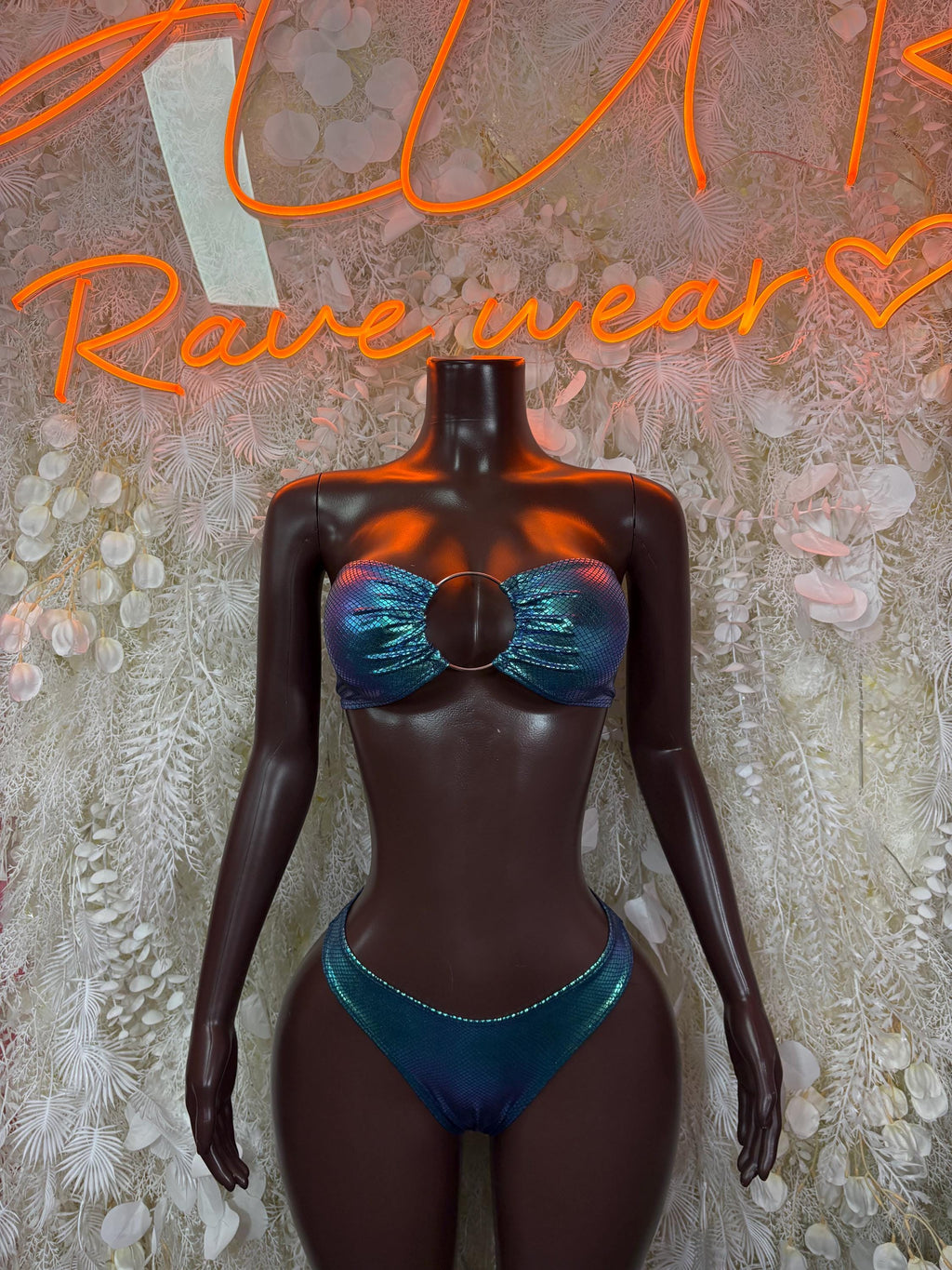 Blue metallic two-piece dance set with strapless bandeau bra and high-cut bottoms