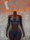 Blue metallic two-piece dance set with strapless bandeau bra and high-cut bottoms