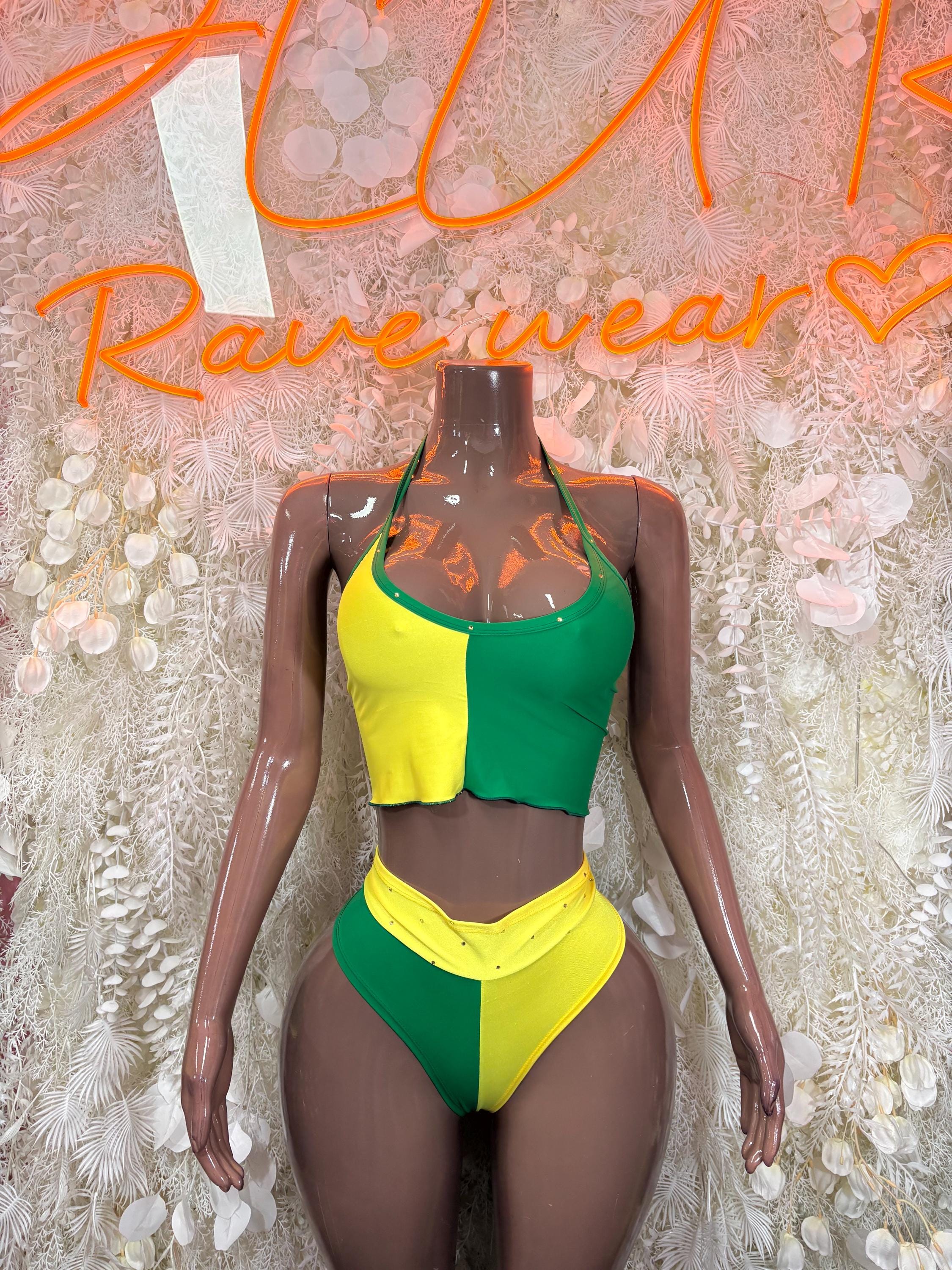 Green and yellow two-piece bikini set with halter crop top and high-rise bottoms