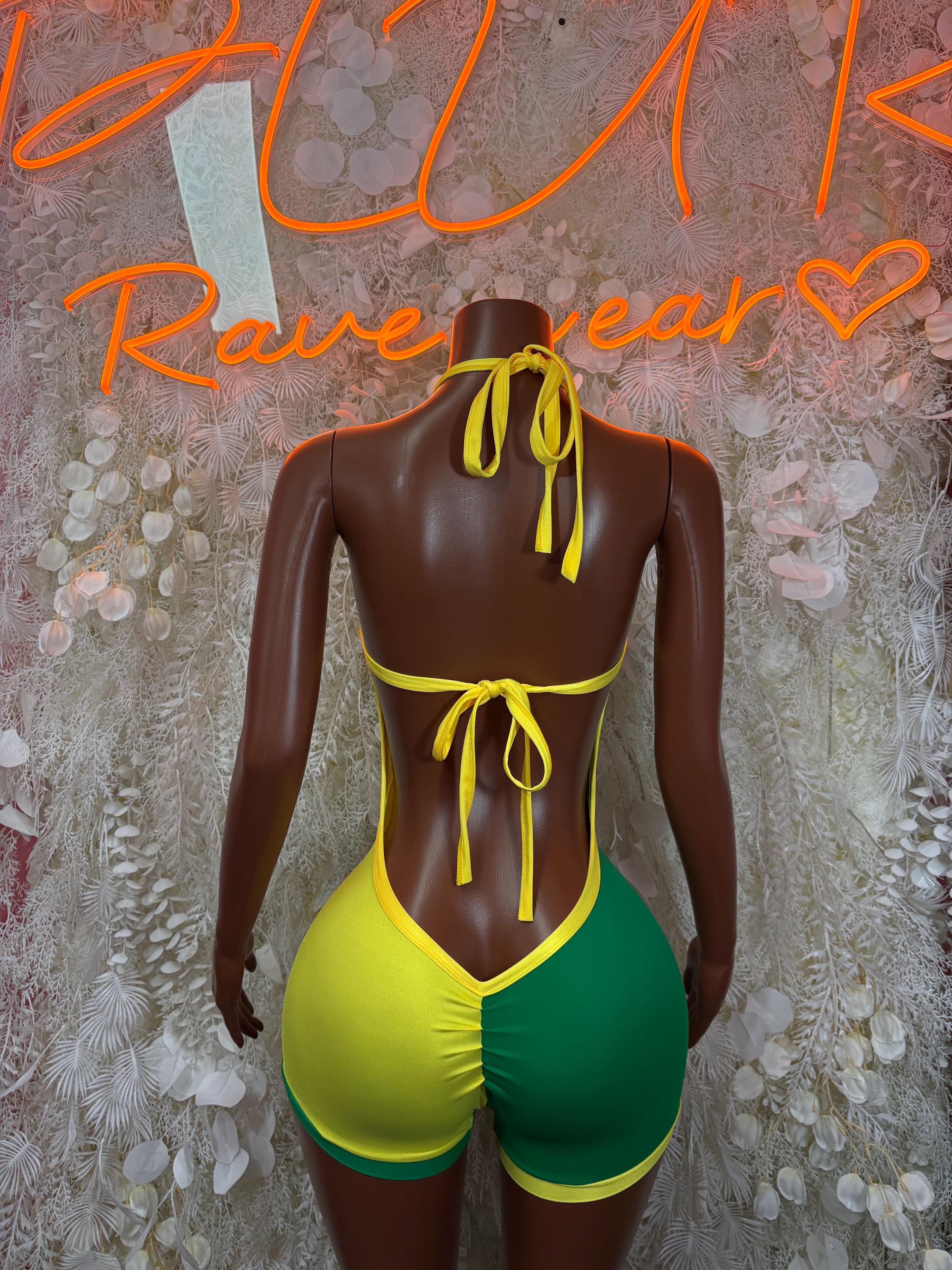 Brazilian flag bodysuit in green and yellow with open back and tie strings
