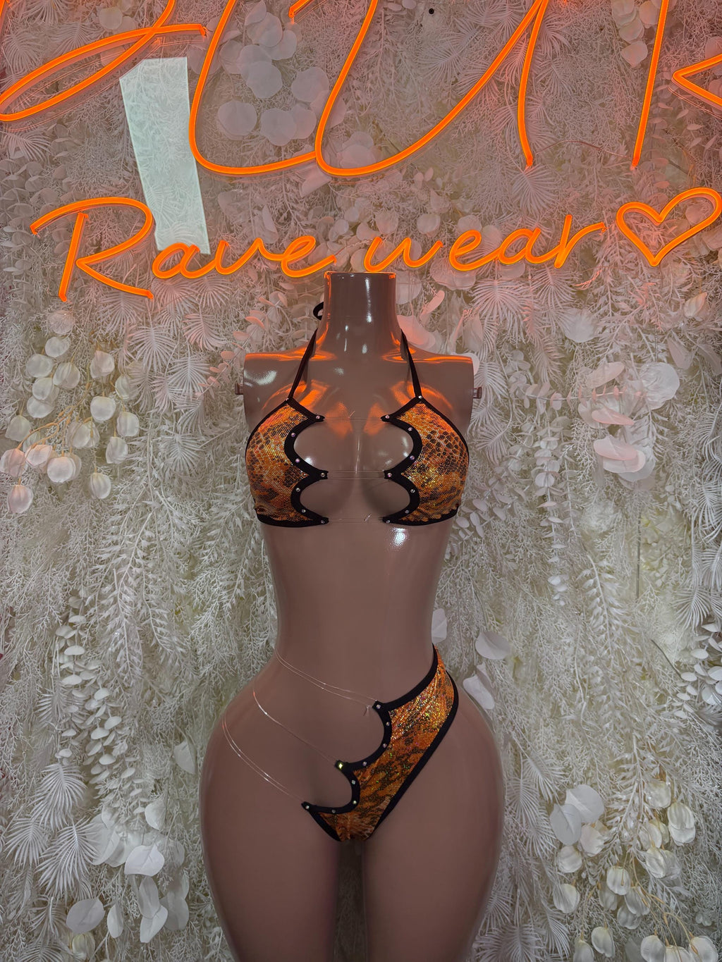 Snake print two-piece dancewear set, orange and black bikini with lace tie straps
