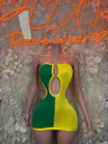 Green and yellow one-piece bodysuit dress swimsuit with keyhole front opening
