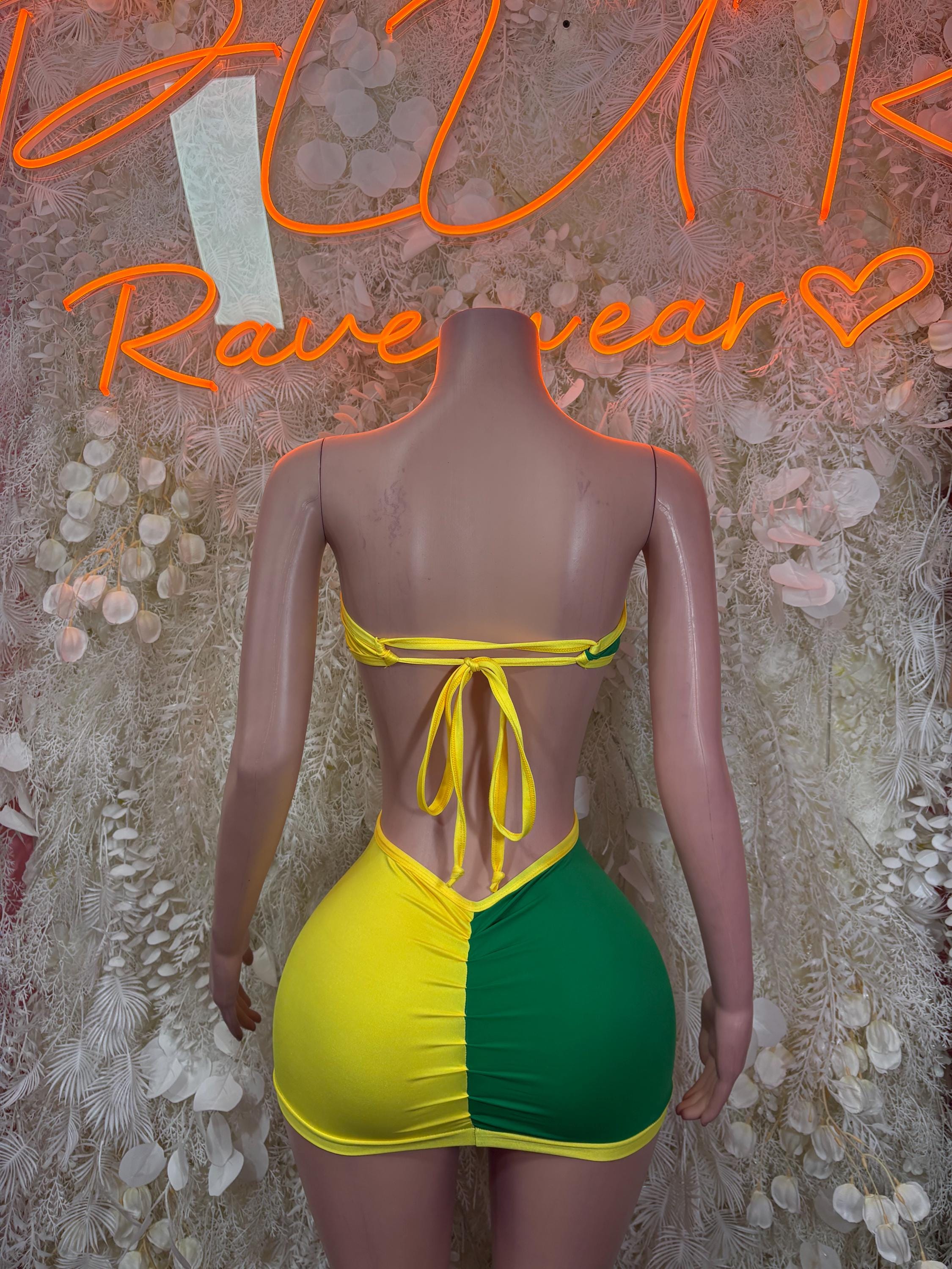 Green and yellow one-piece bodysuit dress swimsuit with tied open back