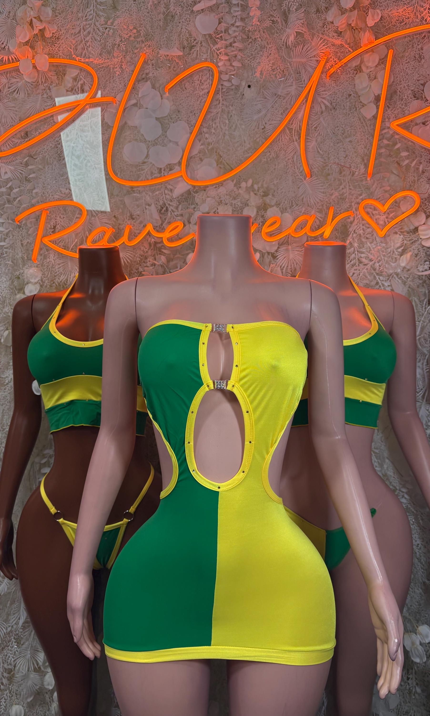 Green and yellow one-piece bodysuit dress swimsuit with keyhole front and open back