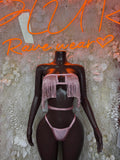 Pink fringe bandeau two-piece set with halter straps and matching mesh thong bottom