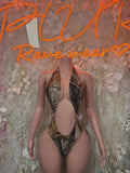 Camo print thong bodysuit with deep V neckline, sleeveless, dark olive and black